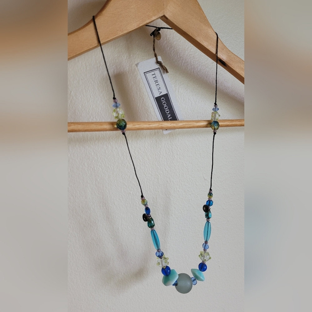 Teresa Goodall Glass & Teal Resin Beads with Ocean Pearl Buttons on Linen Cord